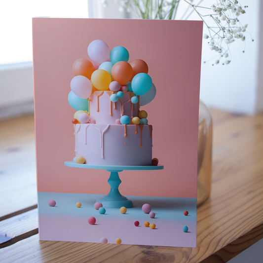 Balloons & Cake A6 4.625 x  6.25” Card | 130# Premium Weight & Natural Savoy Envelope